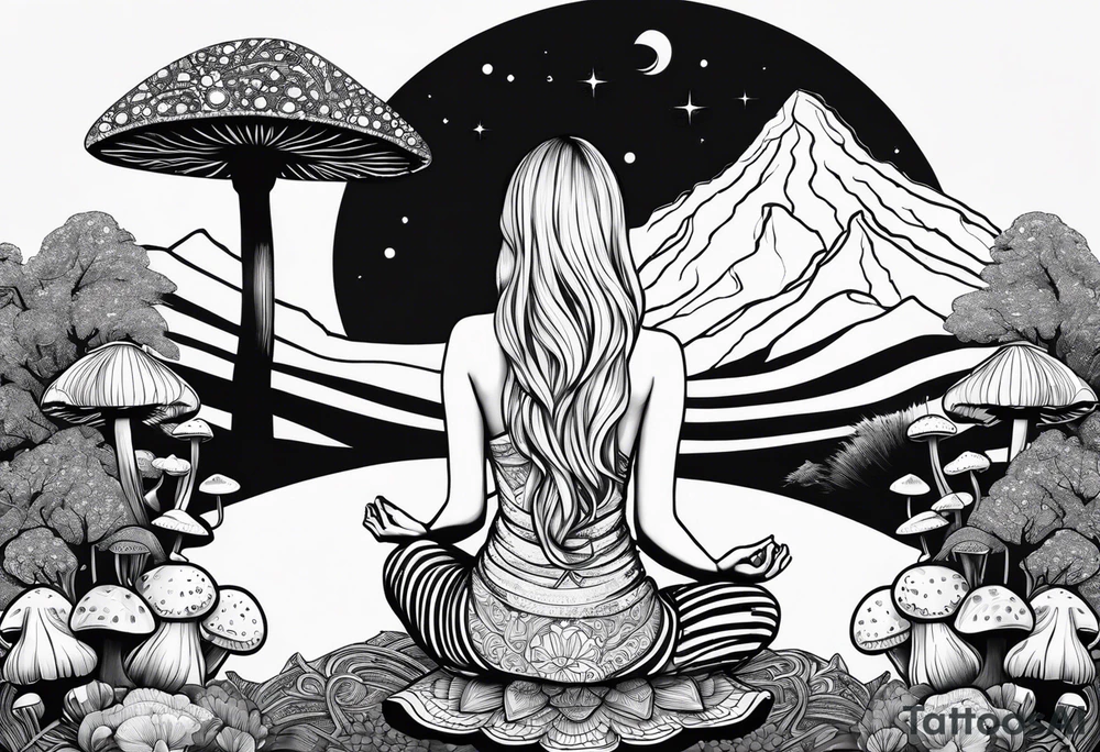 Straight blonde hair girl meditating facing away toward mountains surrounded by mushrooms crescent moon mandala circular design black and white striped dress tattoo idea