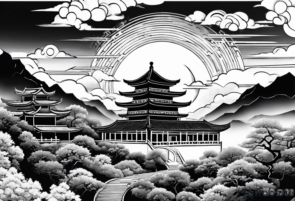 Chinese wall, realistic,chinese art, sky tattoo idea