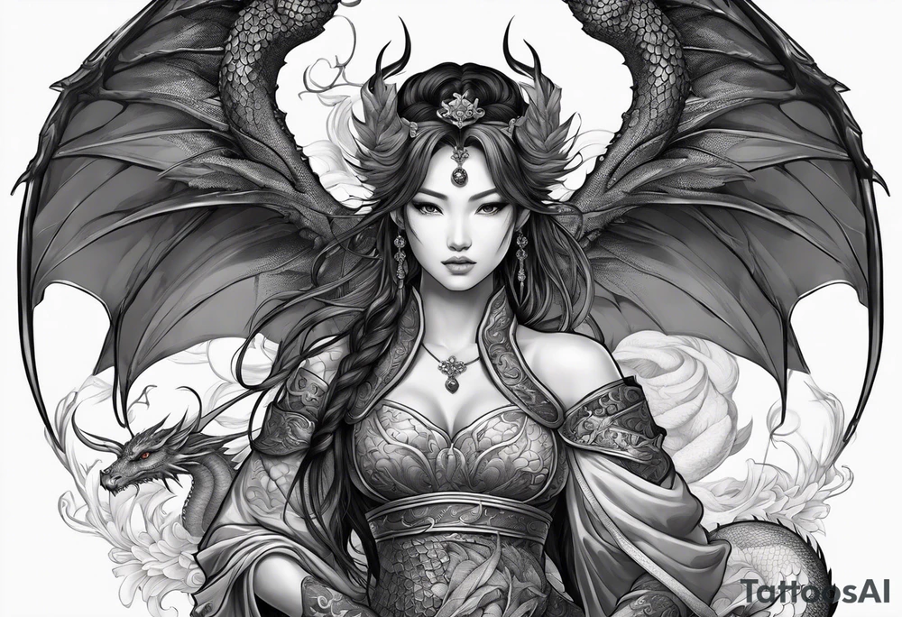 beautiful warrior nymph with dragon wings and a dragon friend tattoo idea