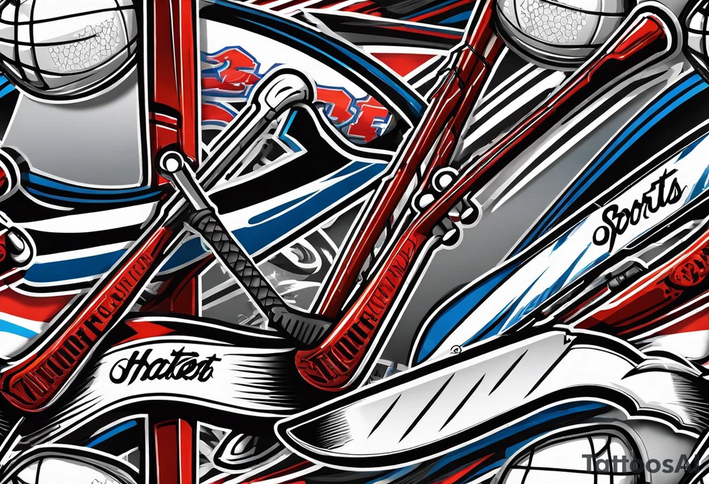crossed hockey sticks with sports equipment that says "SHOT SPORTS" tattoo idea