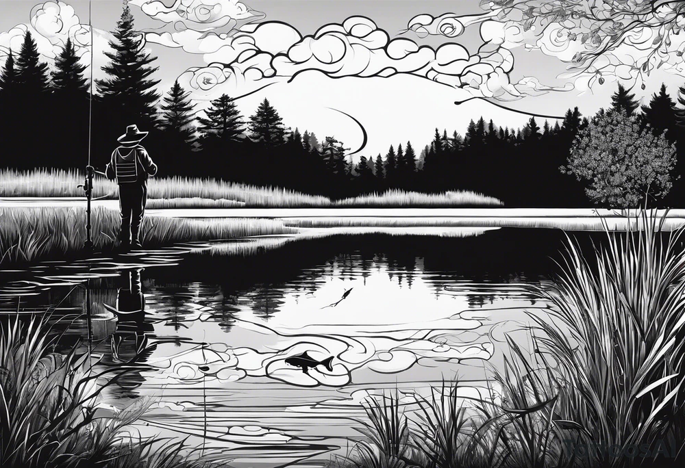 Fishing rod on a lake bank
do not put a fish in the picture fine line silhouette tattoo idea