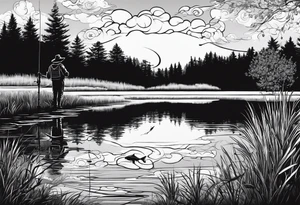 Fishing rod on a lake bank
do not put a fish in the picture fine line silhouette tattoo idea