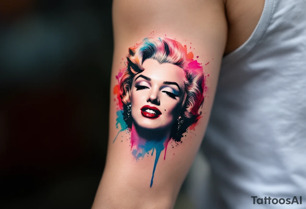Watercolor Marilyn Monroe tattoo with splashes of red, pink, and blue around a classic black-lined face. tattoo idea