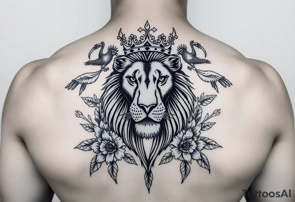 powerful majestic lion with a crown, surrounded by floral ornaments and birds tattoo idea