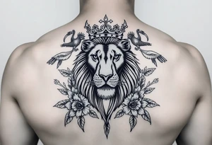 powerful majestic lion with a crown, surrounded by floral ornaments and birds tattoo idea
