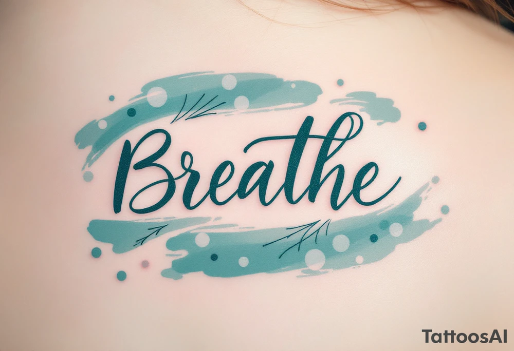 “Breathe” in soft teal brushstroke style, surrounded by minimalist wind lines in light gray. tattoo idea