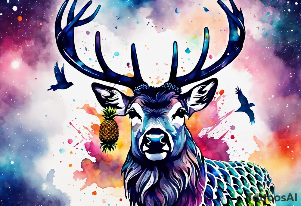 Stag, watercolour, birds, Amsterdam canal, Animals, amsterdam, pineapples, space, galaxy, Amsterdam canal, pineapple stag tattoo idea