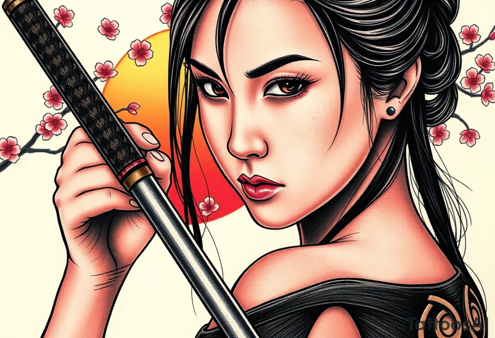 Beautiful female samurai holding a sword . Zoomed up on her face. Cherry blossoms and sunset in the background. tattoo idea