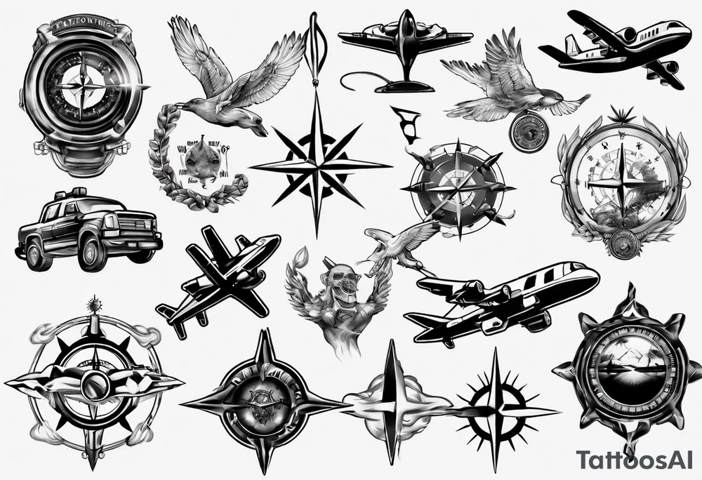 skydiving, shooting guns, compass, adventure tattoo idea