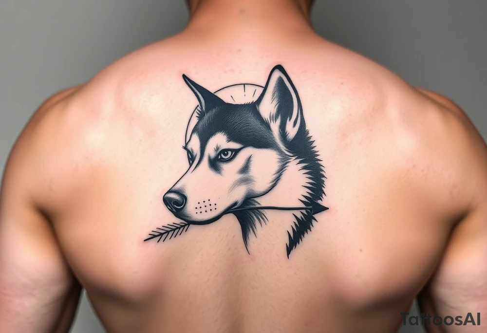 create a tatto of the face of a female husky looking at a half a moon with a arrow crossing from the face to the moon
 for the underarm tattoo idea