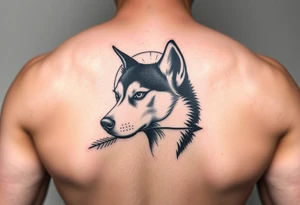create a tatto of the face of a female husky looking at a half a moon with a arrow crossing from the face to the moon
 for the underarm tattoo idea
