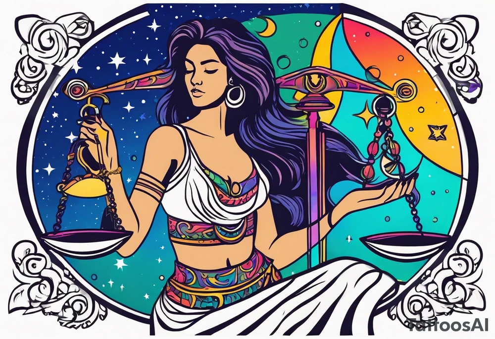 Libra woman holding scales with a night zodiac background including a half moon that encircles half of the woman with vibrant colors tattoo idea