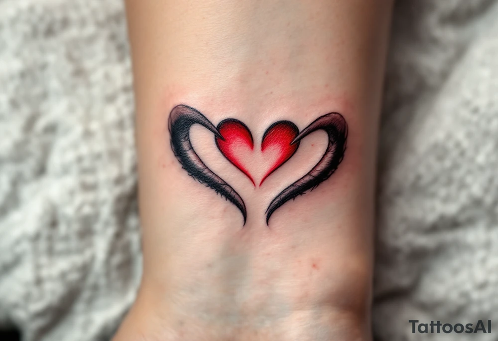 Two half-heart tattoos in black with red tips that form a full heart when partner shoulders are side by side tattoo idea