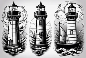 lighthouse shining light and a compass to wrap around forearm tattoo idea
