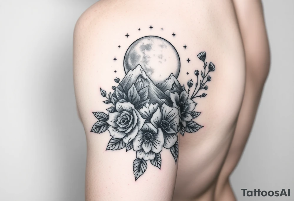 Arm and wristwrap around tattoo, with roses and wild flowers
moon and stars mountains
Feminine tattoo idea