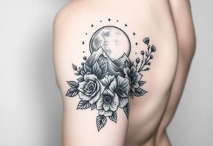 Arm and wristwrap around tattoo, with roses and wild flowers 
moon and stars mountains
Feminine tattoo idea