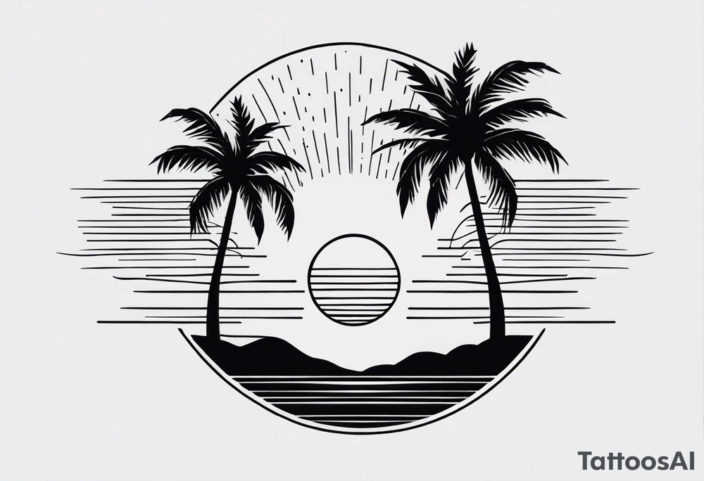 a minimalist tattoo of a sun and a palm tree with the words good vibes below it, make it only very small and keep the sun and palm tree minimal as well and make it look like silhouettes use only lines tattoo idea