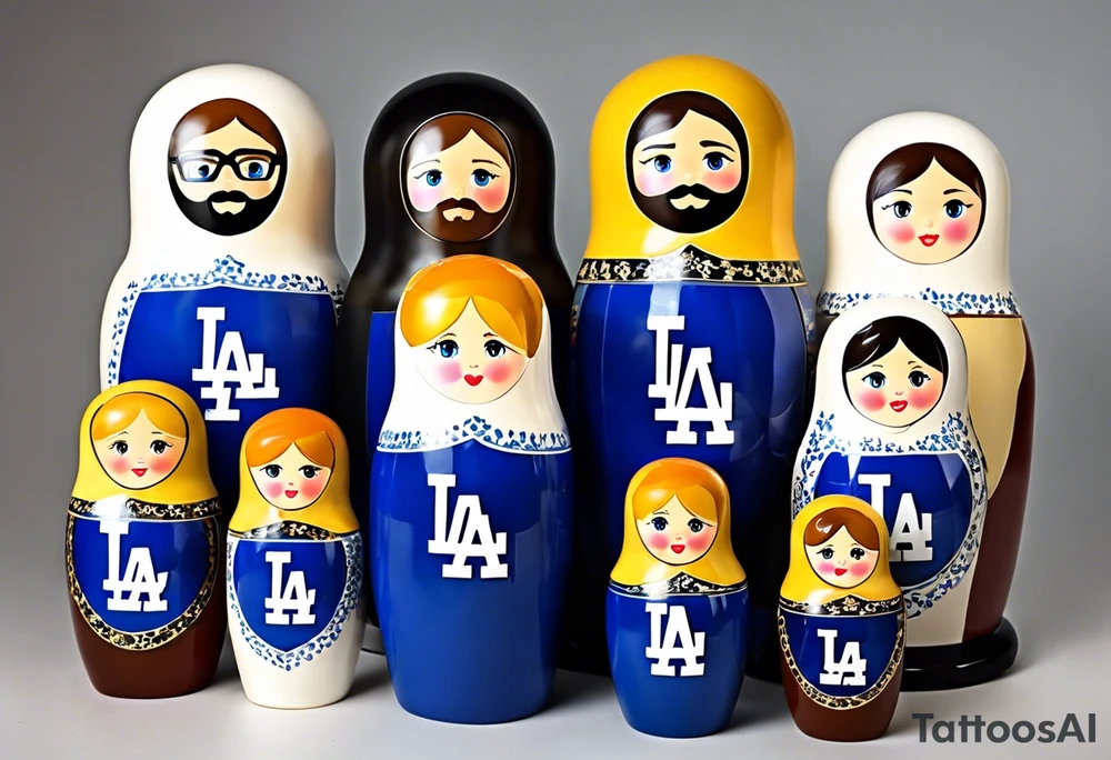 Matryoshka doll family of 4. Each doll is designed based on their individual description. Father (biggest doll) has full beard, blue eyes, short brown hair, loves LA Dodgers. Mother (second biggest doll) has blonde bob, blue eyes, thick rimmed black glasses, loves leopard print. Son is 4 years old, blue eyes, blonde spiky hair, loves Paw Patrol. Daughter is 2 years old, blue eyes, long eyelashes, short light brown bob, loves Bluey. tattoo idea