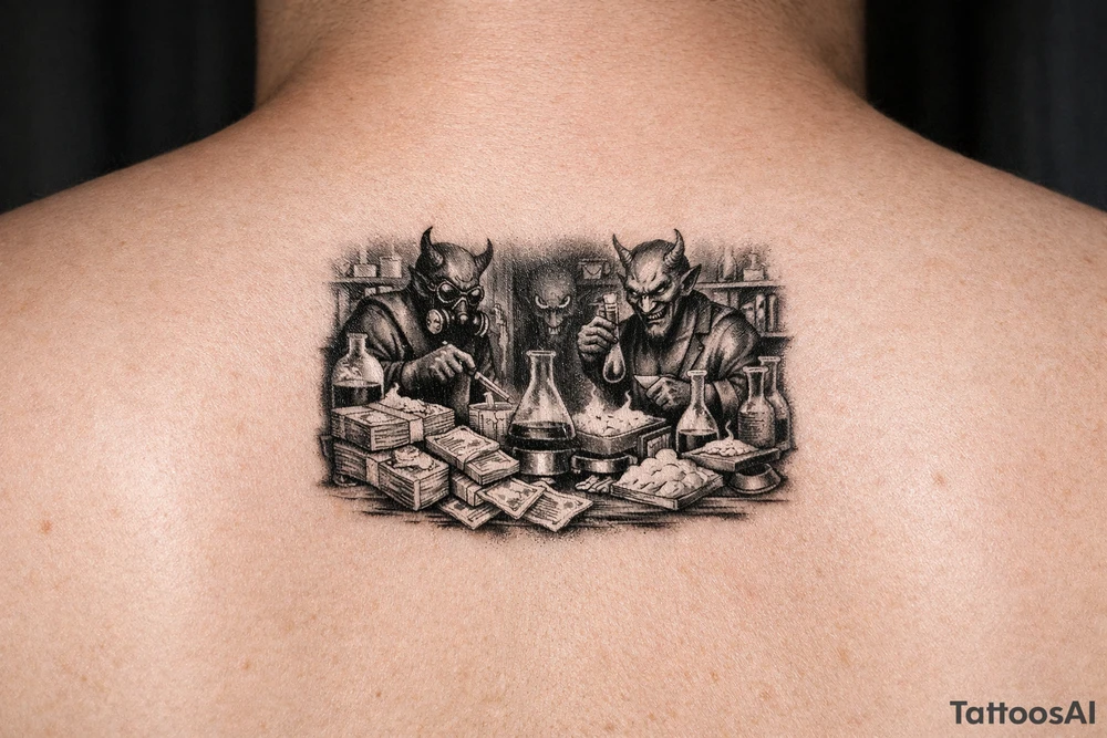 Meth lab with demons and money tattoo idea
