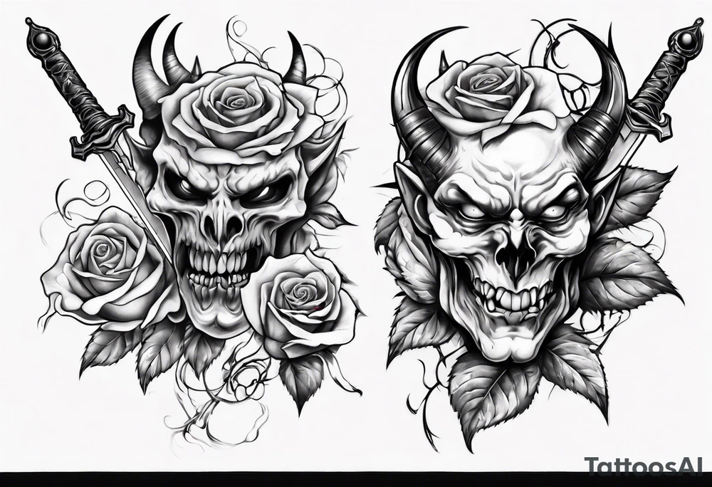 Demon with roses and sword tattoo idea