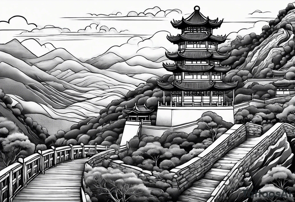 Chinese wall, realistic, art, hills, sideview tattoo idea