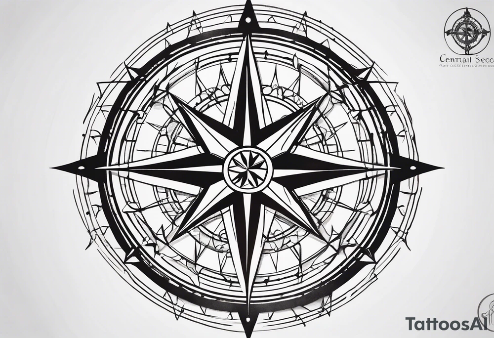 a classic compass rose as the central element,Overlaying the compass rose is a simplified molecular structure of serotonin tattoo idea
