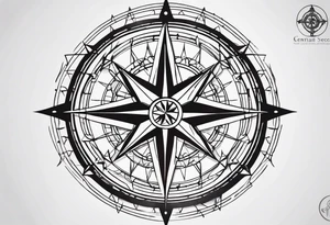 a classic compass rose as the central element,Overlaying the compass rose is a simplified molecular structure of serotonin tattoo idea