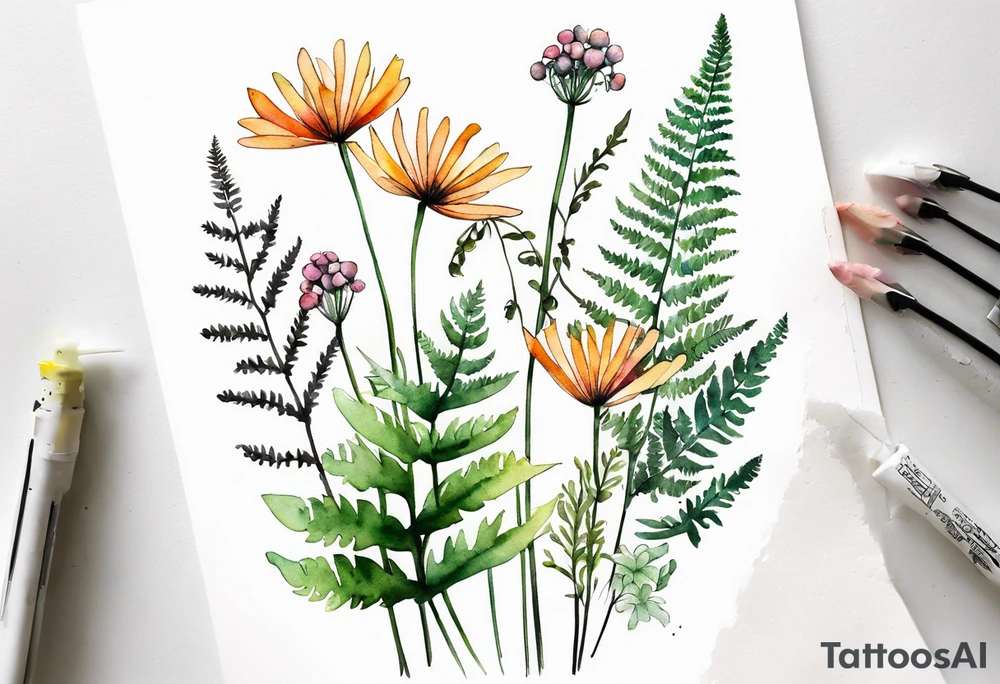 wild flowers long stems bouquet with ferns all watercolor tattoo idea