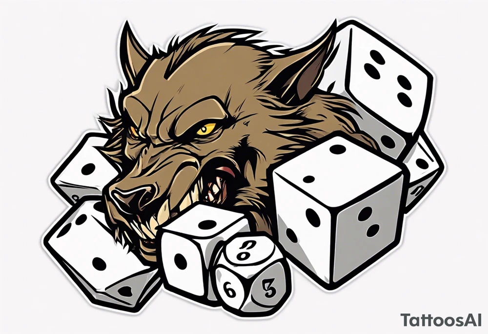 A 20 sided Dice with numbers and wolverine claw marks framing the underneath of the dice and a werewolf in the background tattoo idea