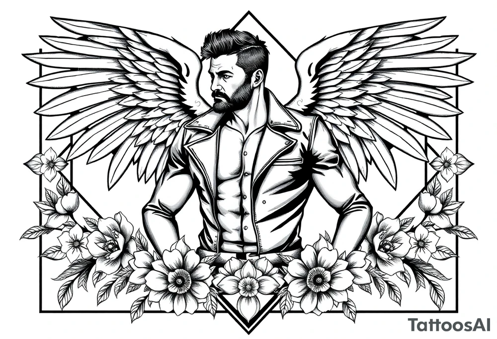 Strong powerful man with wings in leather surrounded by flowers and geometric boarder tattoo idea