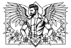 Strong powerful man with wings in leather surrounded by flowers and geometric boarder tattoo idea