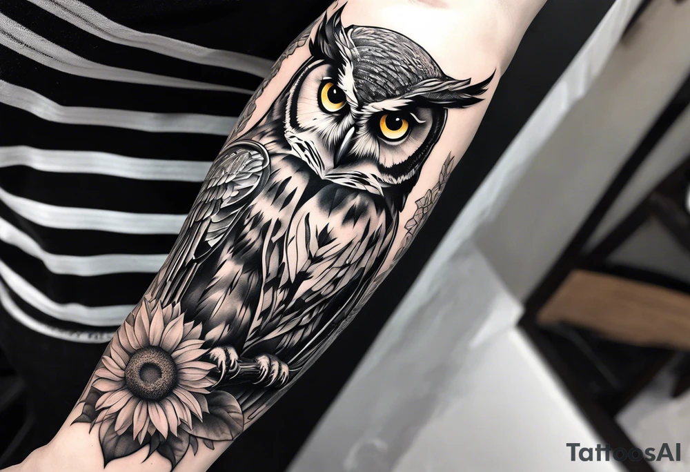 Arm sleeve with owl and sunflower tattoo idea