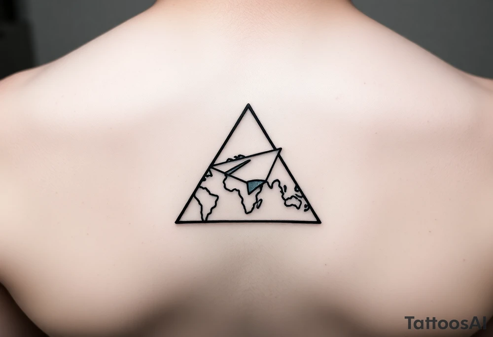 Small geometric triangle with a geometric paper plane going around the world with thin fine lines tattoo idea