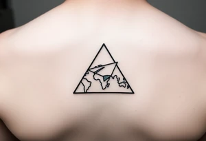 Small geometric triangle with a geometric paper plane going around the world with thin fine lines tattoo idea