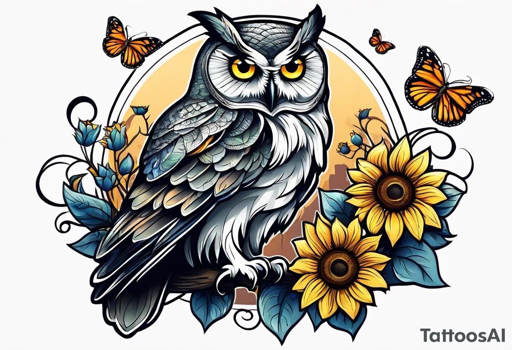 Owl with butterfly body surrounded by sunflowers tattoo idea
