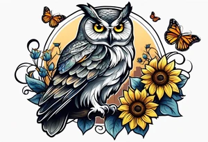 Owl with butterfly body surrounded by sunflowers tattoo idea