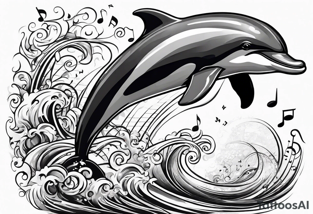 dolphin jumping out of water into music notes tattoo idea
