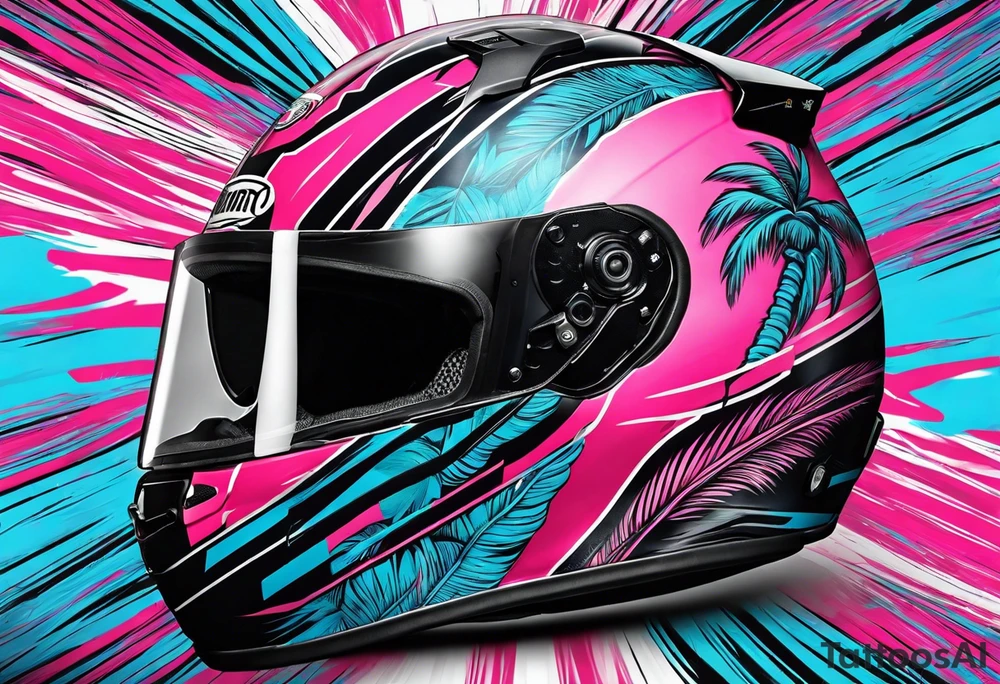 Formula 1 helment with a palm tree and black pink and light blue color tattoo idea