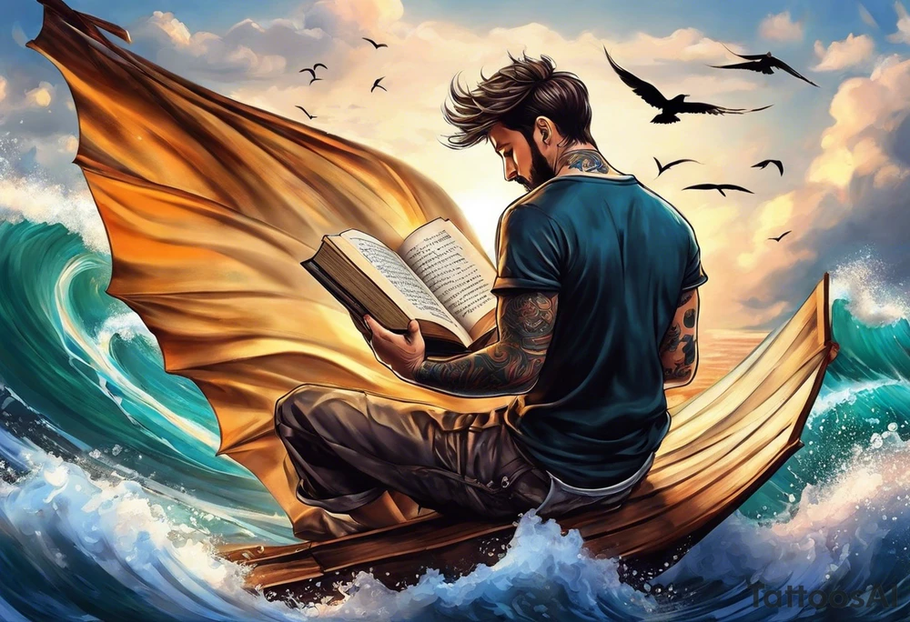 Someone is sitting on the beach reading a book and the pages are flying in the wind, the purpose of the tattoo is to emphasize that just as the pages are flying in the wind, you also have to flip through situations in life tattoo idea