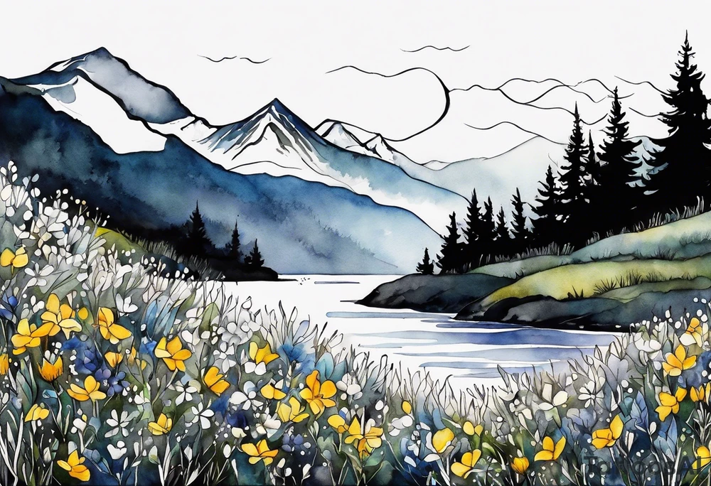 4-6in wildflower in watercolor represents overcoming challenges & strength - mountains, waves with a little sunshine tattoo idea