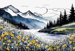 4-6in wildflower in watercolor represents overcoming challenges & strength - mountains, waves with a little sunshine tattoo idea