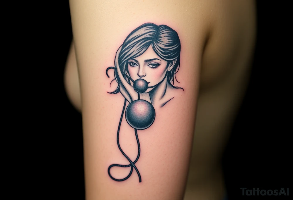 A tattoo depicting a naked woman bound and gagged with a ball gag in her mouth tattoo idea