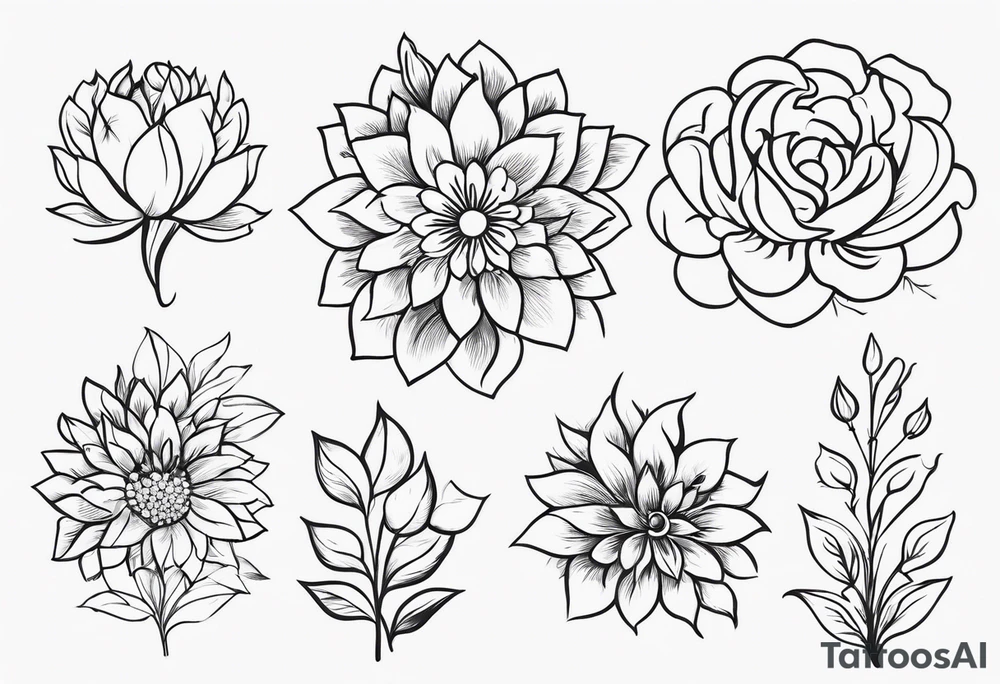 Nimna (May), Ramya (October), Dhanapala(December), Ishara (August)
create the flower bouquet with my family names and birth months tattoo idea
