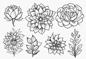 Nimna (May), Ramya (October), Dhanapala(December), Ishara (August)
create the flower bouquet with my family names and birth months tattoo idea
