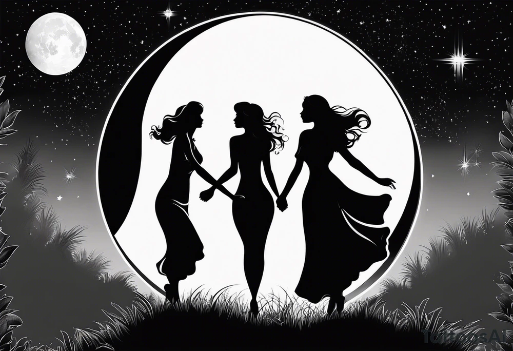 crystal ball that shows three women holding hands in silhouette dancing underneath a full moon tattoo idea