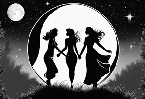 crystal ball that shows three women holding hands in silhouette dancing underneath a full moon tattoo idea
