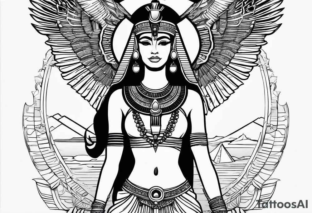 black and white Egyptian goddess Isis tattoo idea