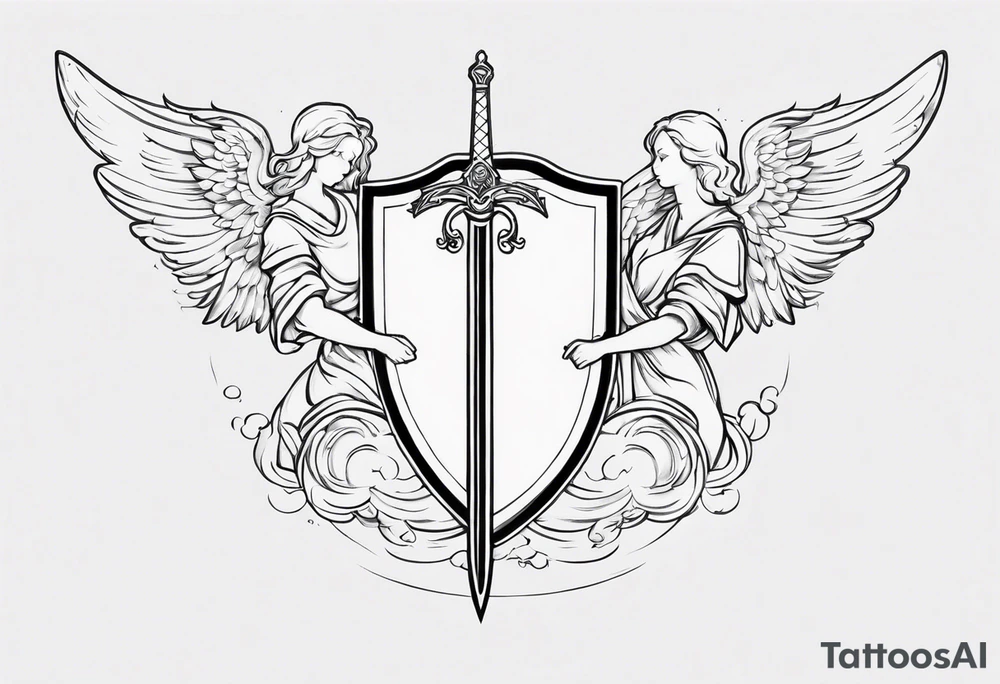 Angels with sword & Shield in sky tattoo idea