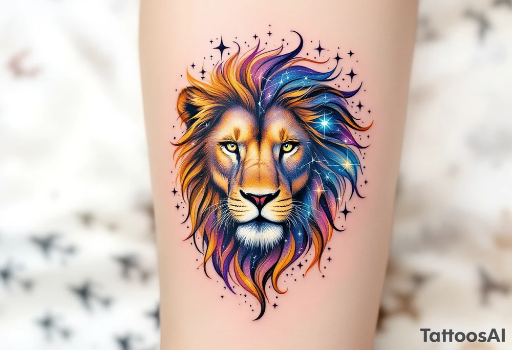A Leo zodiac symbol and vivid leo star line constellation rests between the eyes of a golden lion whose mane dissolves into a trail of starlit purple and blue. tattoo idea