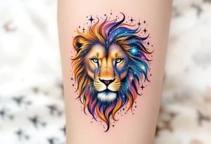 A Leo zodiac symbol and vivid leo star line constellation rests between the eyes of a golden lion whose mane dissolves into a trail of starlit purple and blue. tattoo idea